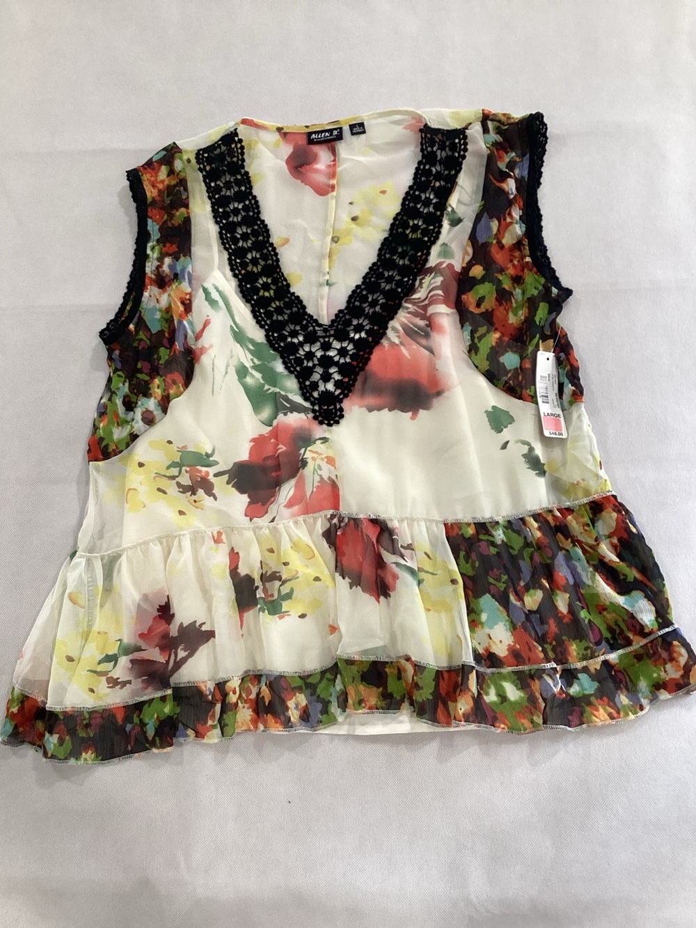 Allen B. By Allen Schwartz Floral V-Neck Crochet Trim Blouse in Multi-Color Lrg